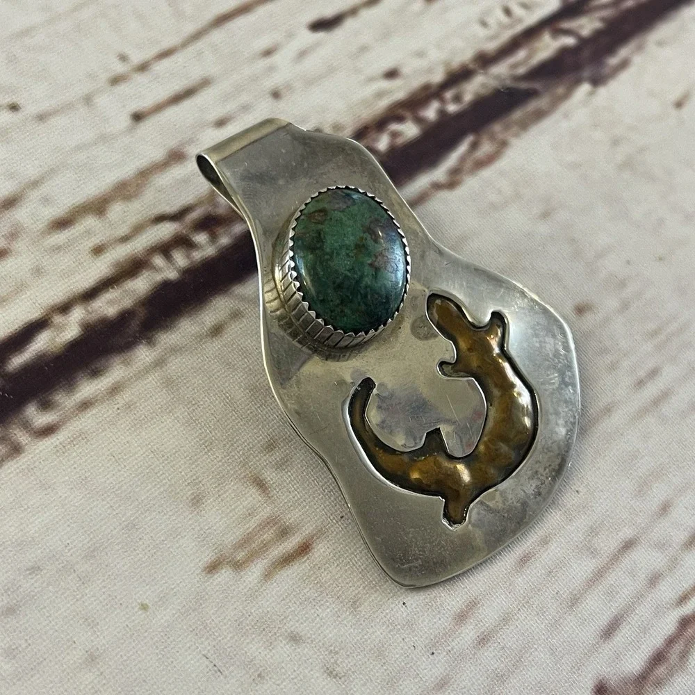 Native American Handmade Sterling‎ Silver Brass Turquoise Salamander Money Clip